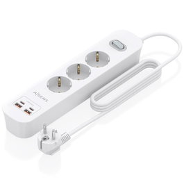 Aisens Regleta con Interruptor ASPS-2A2C10-W, 3 Tomas y 4 Puertos USB, Blanco